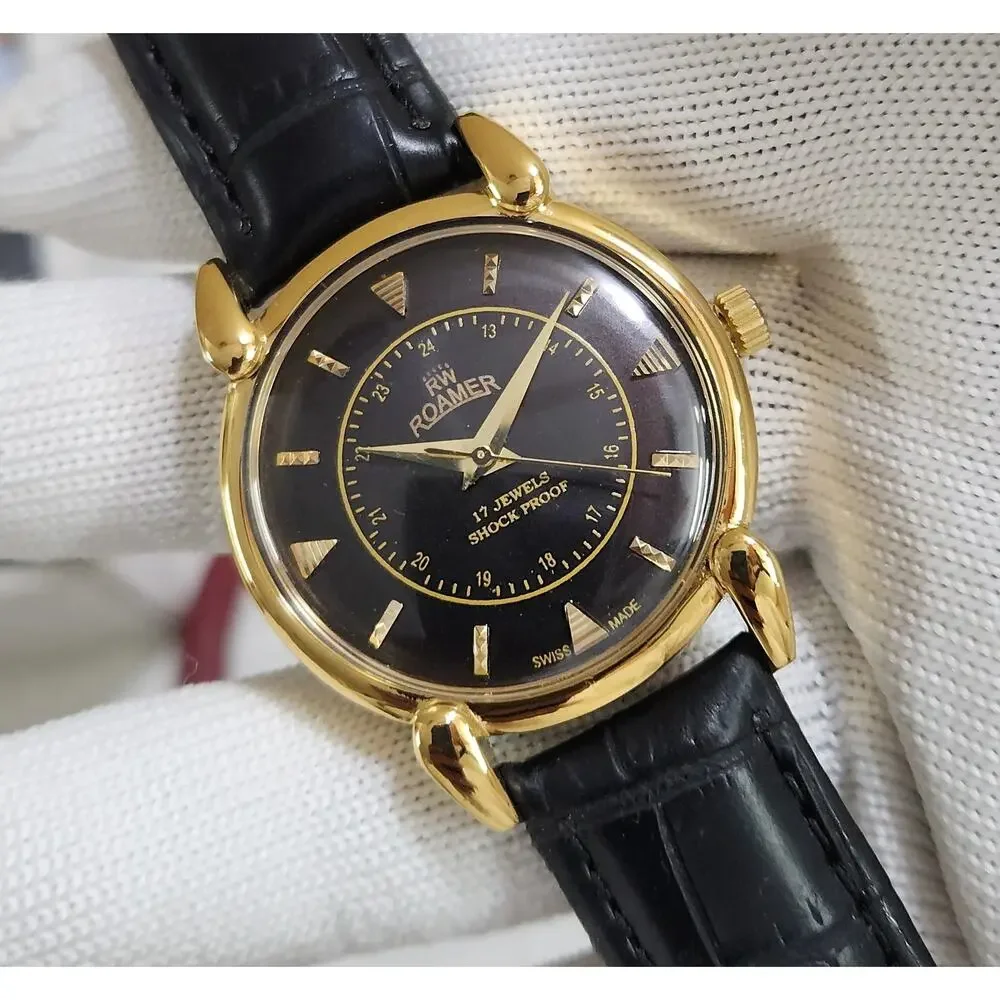 Vintage 1981 Roamer Manual Mens Gold Watch W/Leather Strap & Black accents